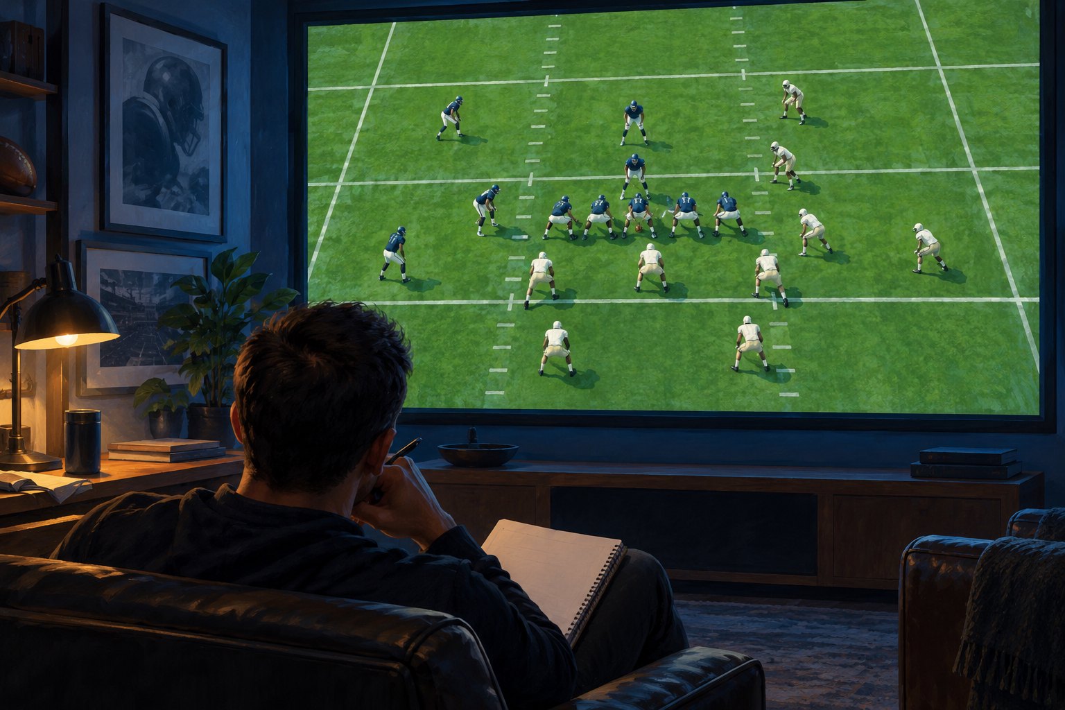 Conceptual illustration of a viewer studying an overhead football formation on a large screen in a quiet room.