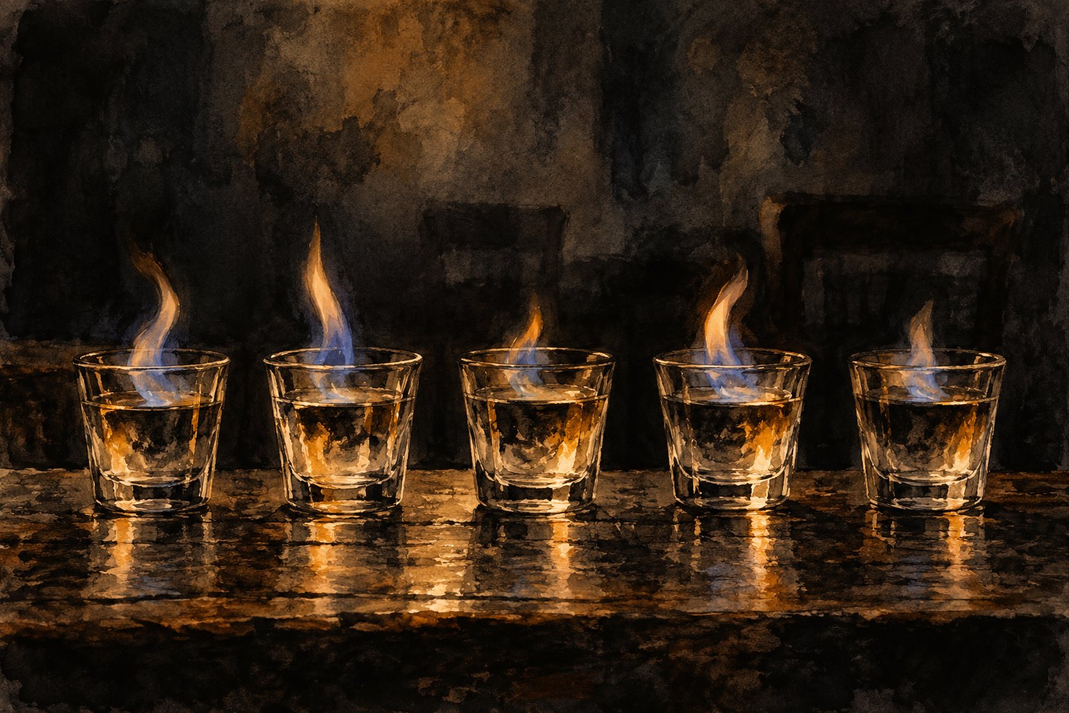 Symbolic illustration of five glasses of burning spirits casting amber reflections across a dark wooden bar.