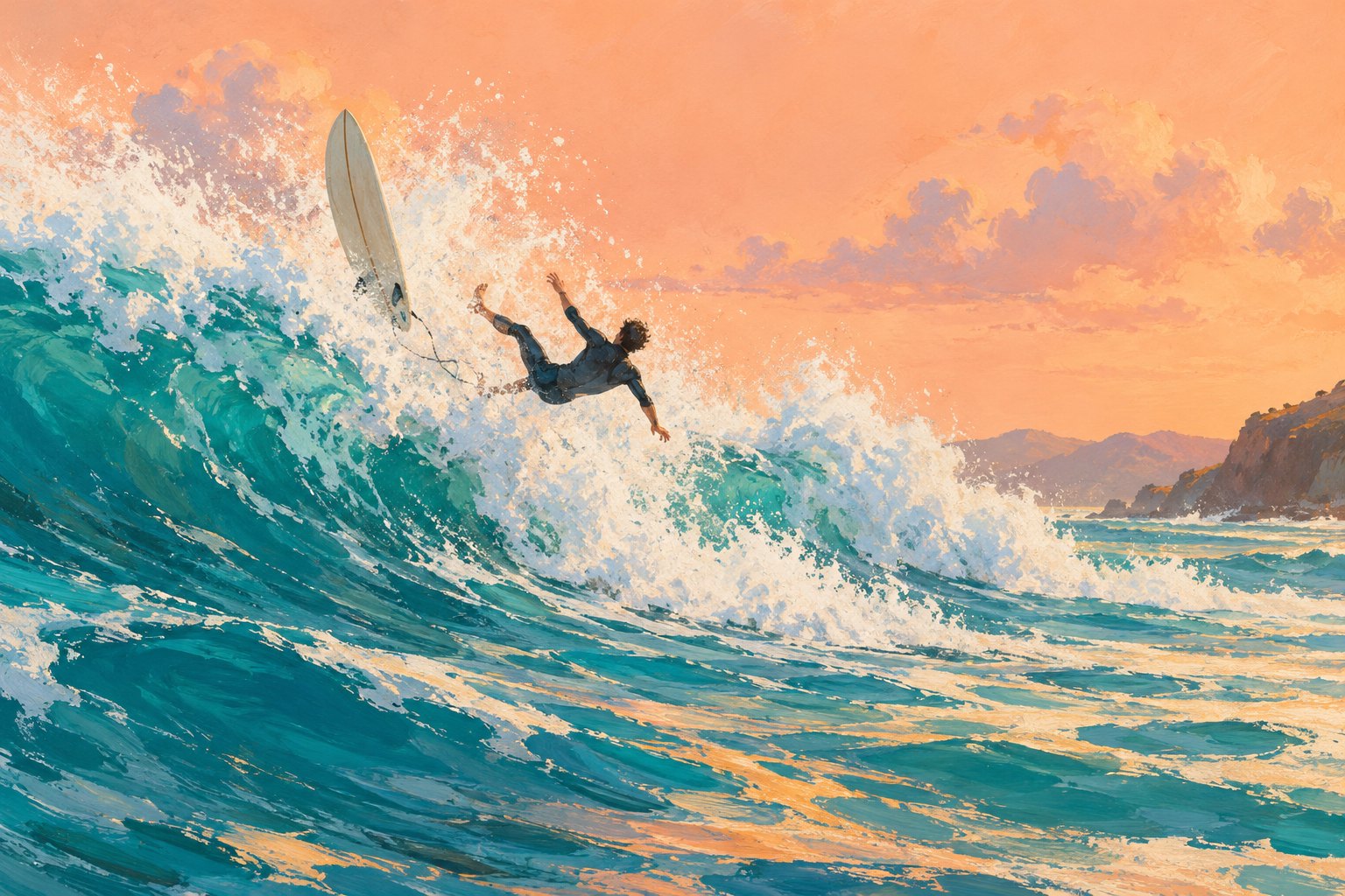 Conceptual illustration of an anonymous surfer falling beside a pale surfboard into a turquoise wave beneath a peach sky.