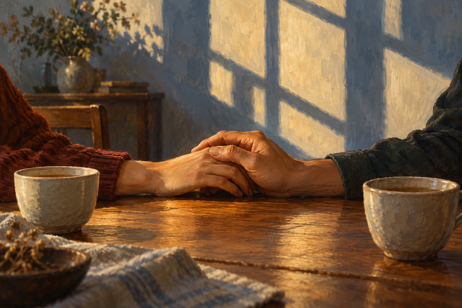 Painted illustration of two people holding hands across a wooden table beside ceramic cups in warm window light.
