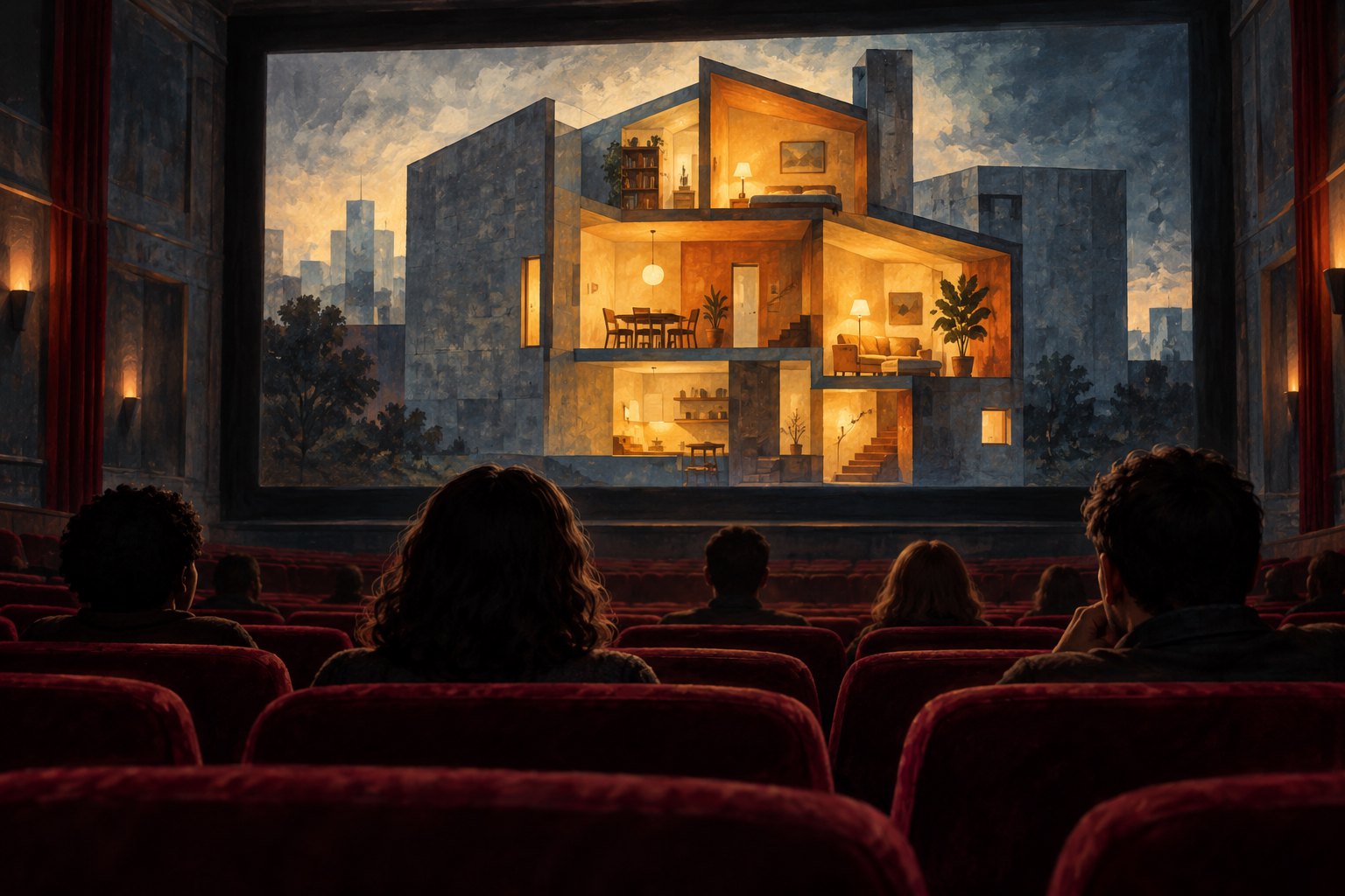 Painted illustration of moviegoers watching a screen filled with a warmly lit house surrounded by imposing concrete walls.