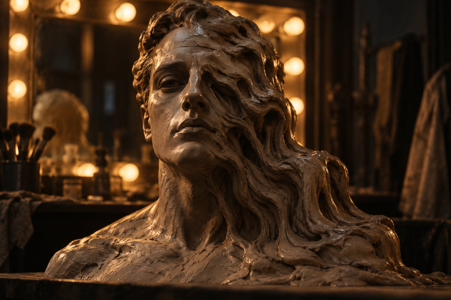 Conceptual illustration of a clay bust with a dissolving face beside a warmly lit dressing-room mirror.