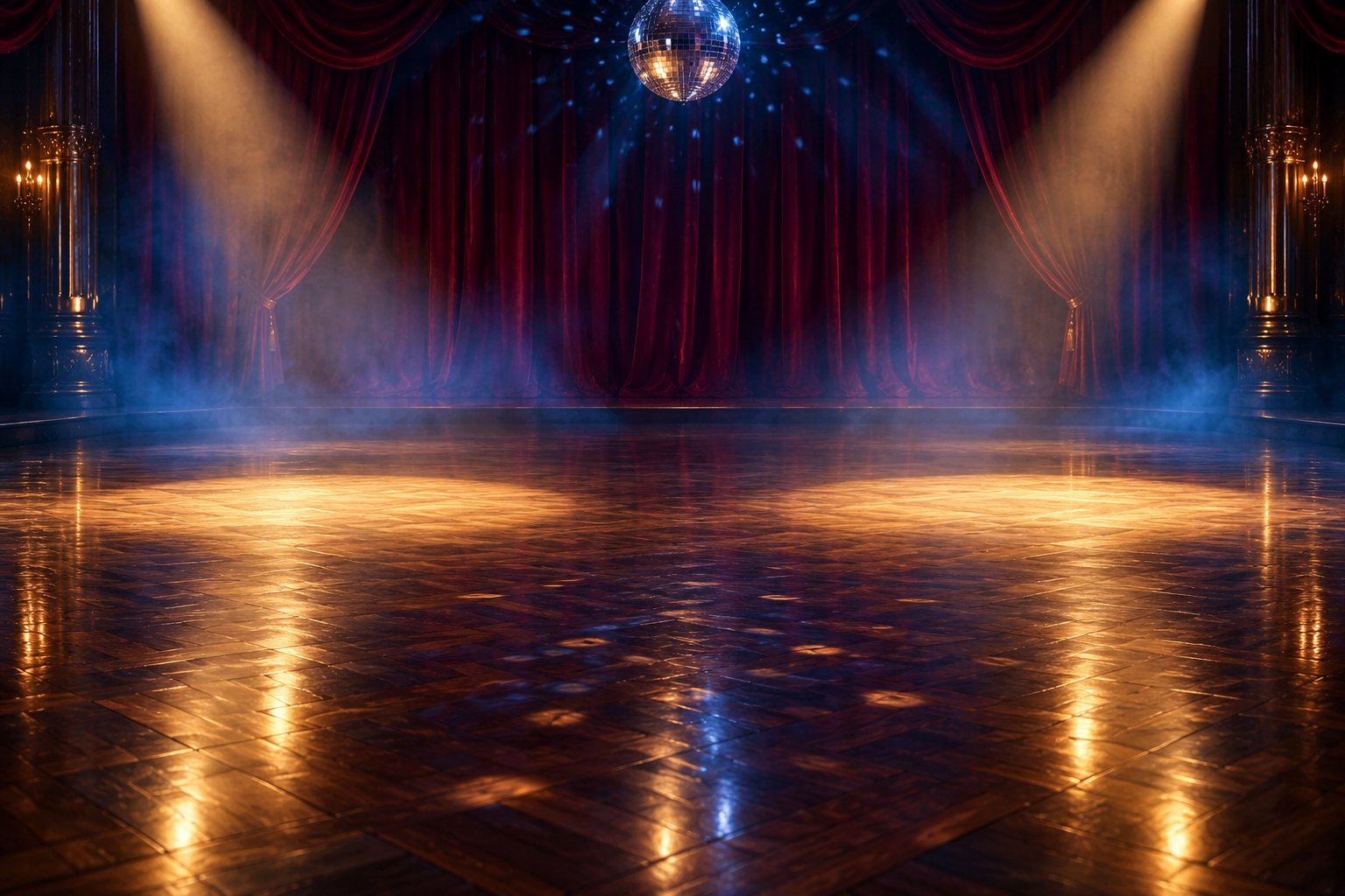 Conceptual illustration of two fading spotlights on an empty ballroom floor beneath a mirror ball.