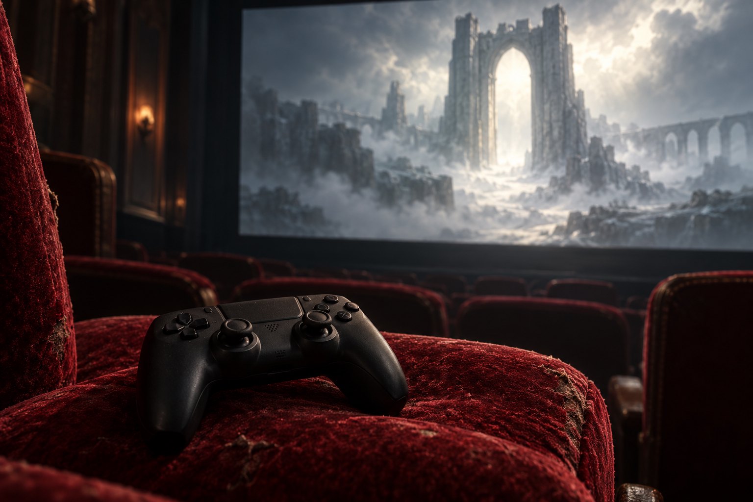 Conceptual illustration of a game controller on a red theater seat facing a screen filled with misty stone ruins.