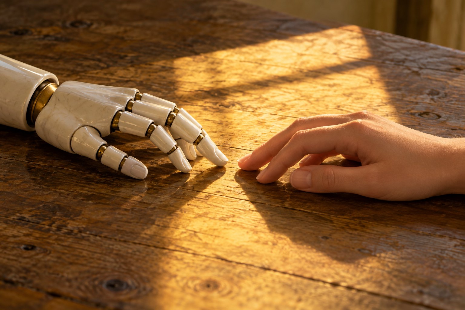 Conceptual illustration of a porcelain robot hand and a human hand almost touching on a sunlit wooden table.