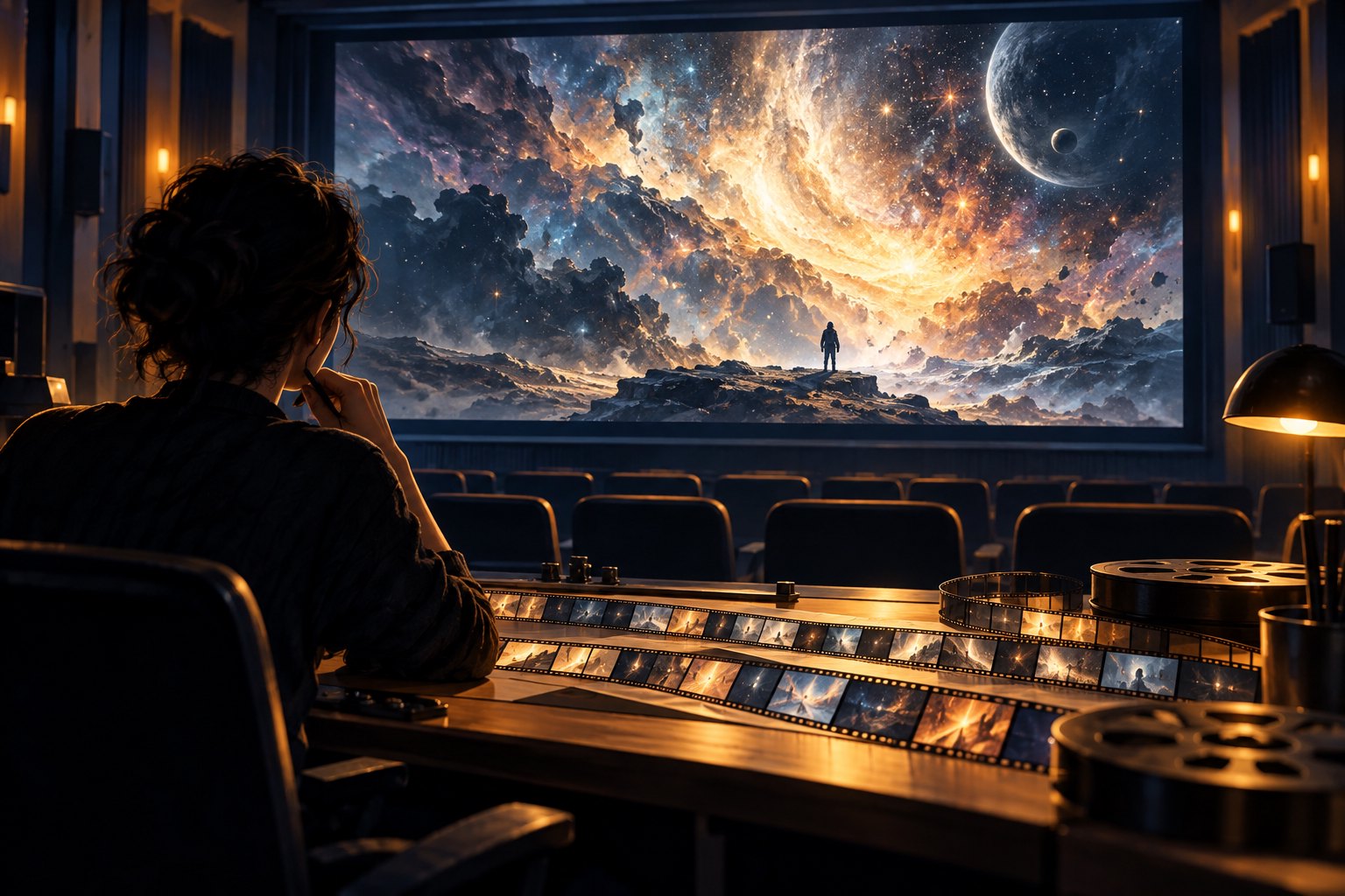 暗色放映室里，一位剪辑师面对铺有胶片的工作台，观看银幕上的宇宙景观与人物背影