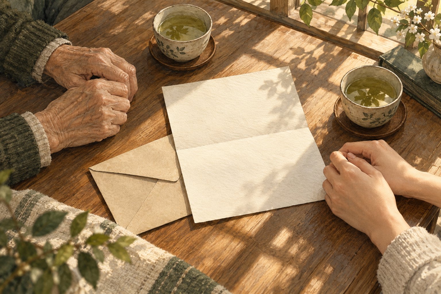 长者与年轻人的双手围着信纸和茶杯，表现代际交流的原创概念插画，并非电影剧照