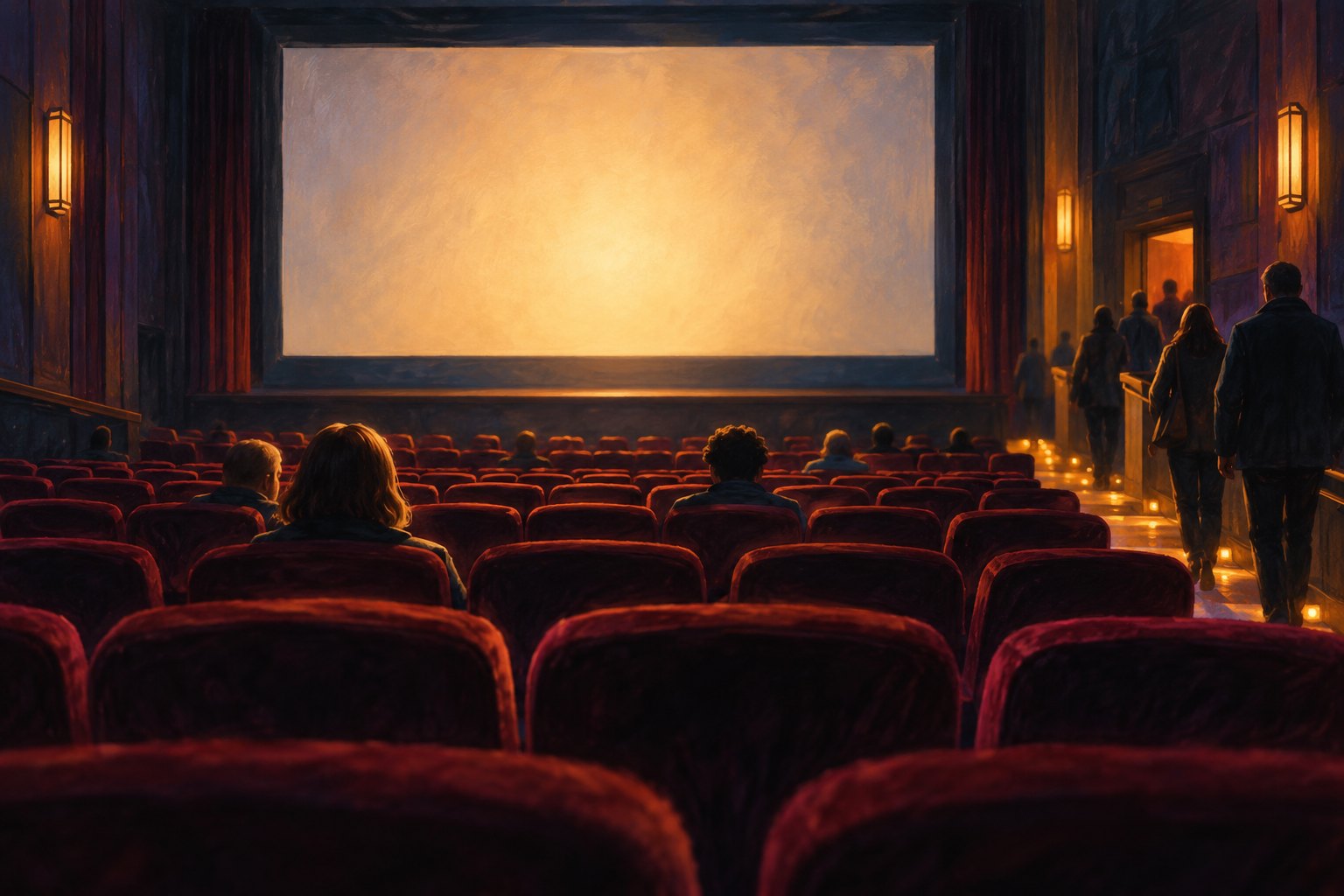 Conceptual illustration of moviegoers leaving a theater with burgundy seats and a softly glowing blank screen.