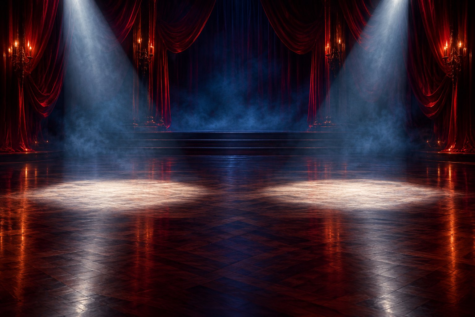Conceptual illustration of two empty spotlights on a ballroom floor framed by burgundy curtains and blue haze.