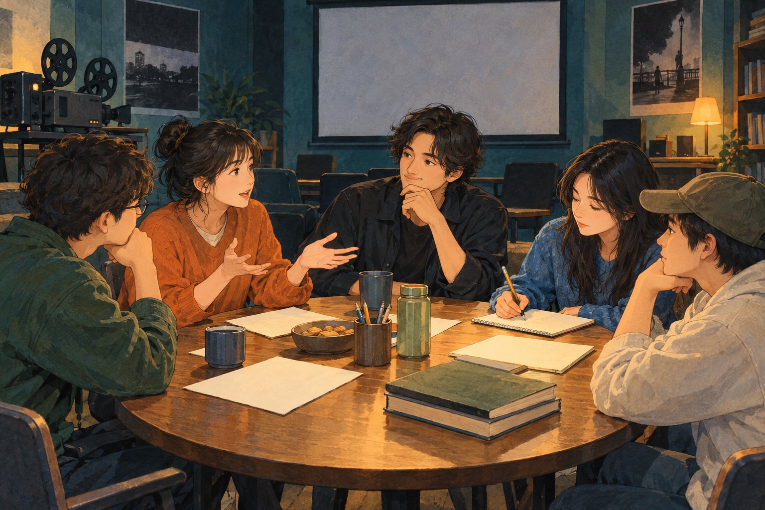 青年创作者与观众围桌交流观影感受的概念插画,非活动现场