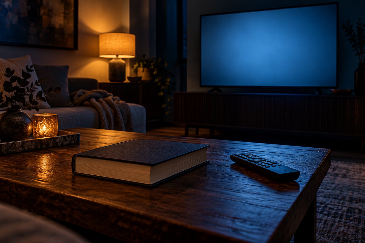A closed hardcover book and remote on a wooden coffee table face a blue television screen in a dimly lit living room.