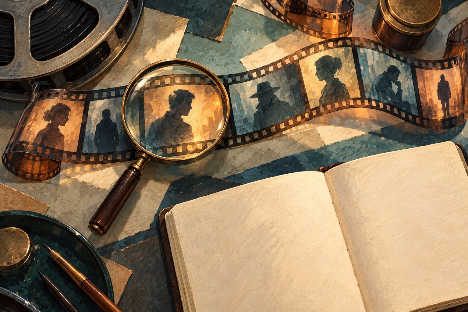 Illustrated editing table with a winding filmstrip of human silhouettes, a magnifying glass, and an open blank notebook.