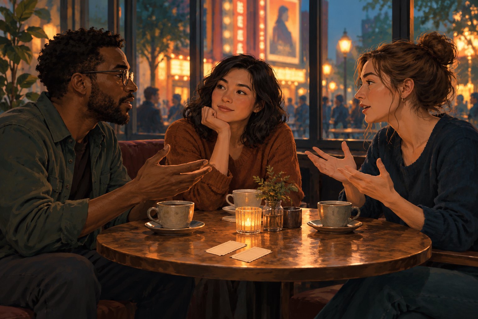 Editorial illustration of three friends discussing a movie around a cafe table with plain ticket stubs.