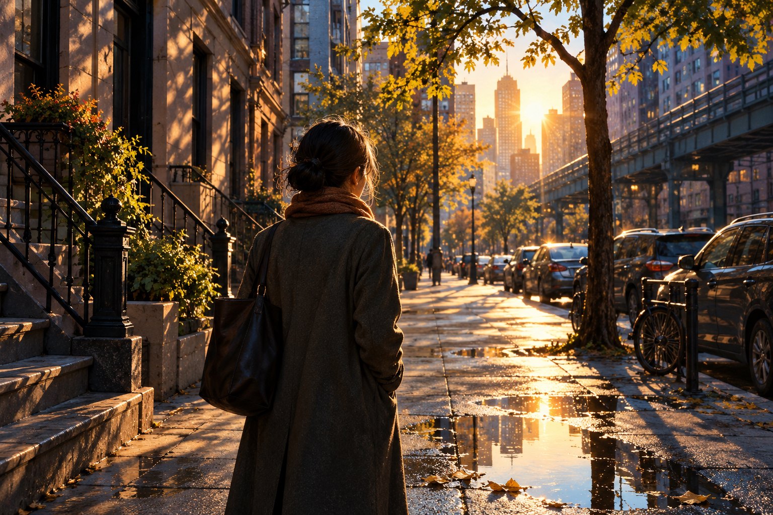 Painterly illustration of a commuter pausing on a city sidewalk in warm morning light.