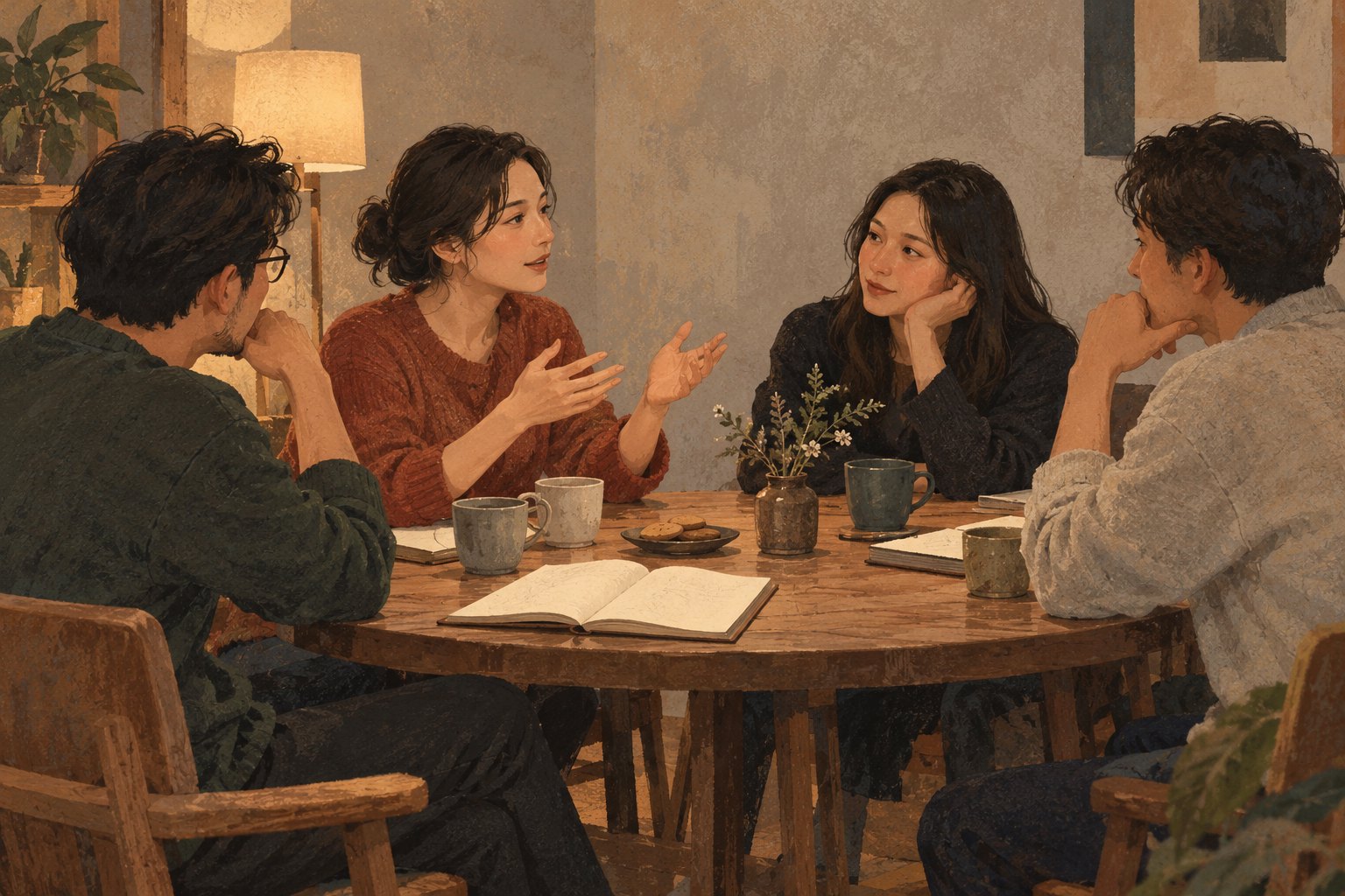 四名观众围坐木桌交流观影感受的原创插画,桌上放有笔记本和茶杯,并非活动现场