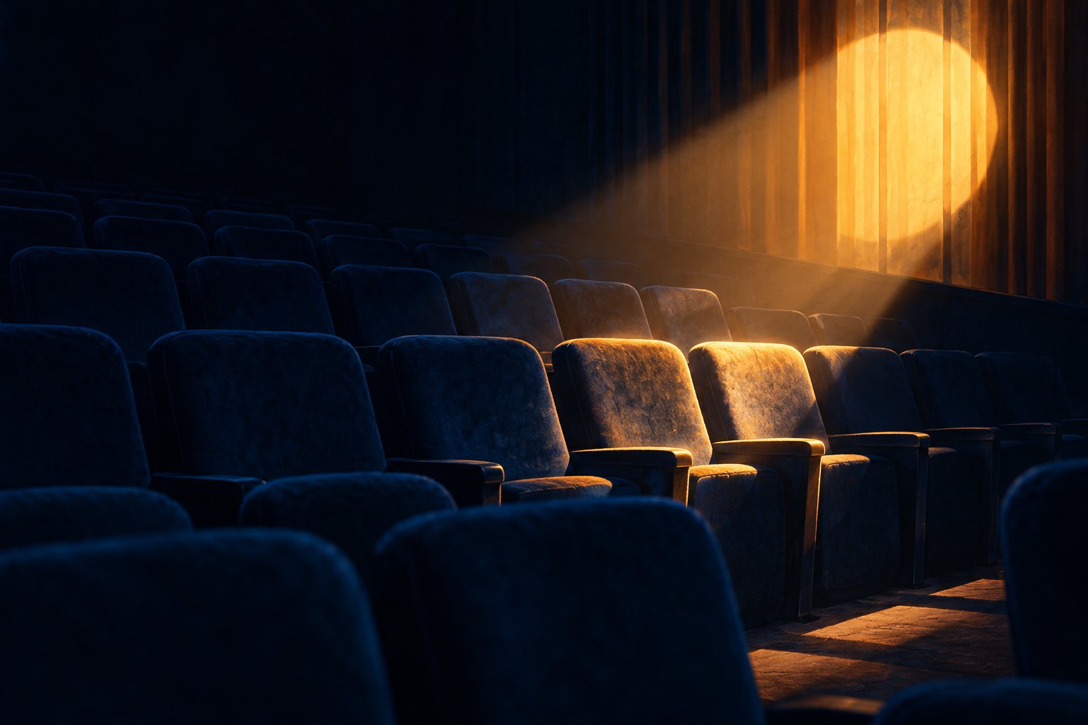 Conceptual illustration of golden sunlight illuminating empty blue seats in a dark movie theater.