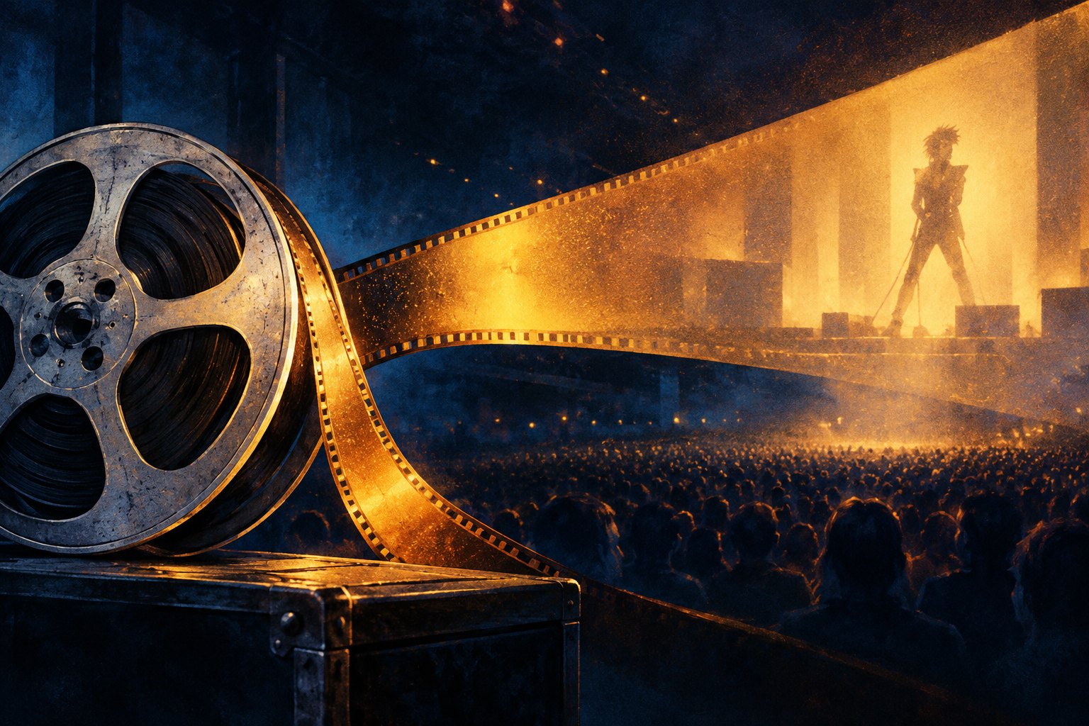 Conceptual illustration of an archival film reel casting golden light toward a performer silhouette above a concert audience.