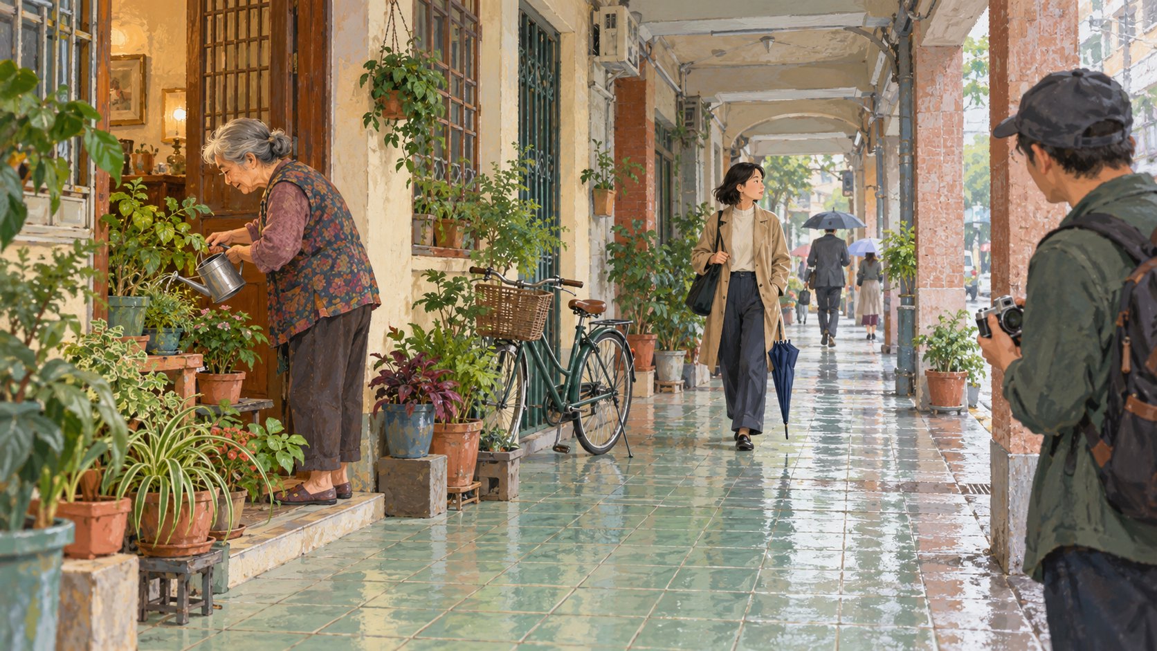 雨後騎樓裡居民照顧盆栽、行人通行，攝影者在一旁放低相機的街區生活概念插畫