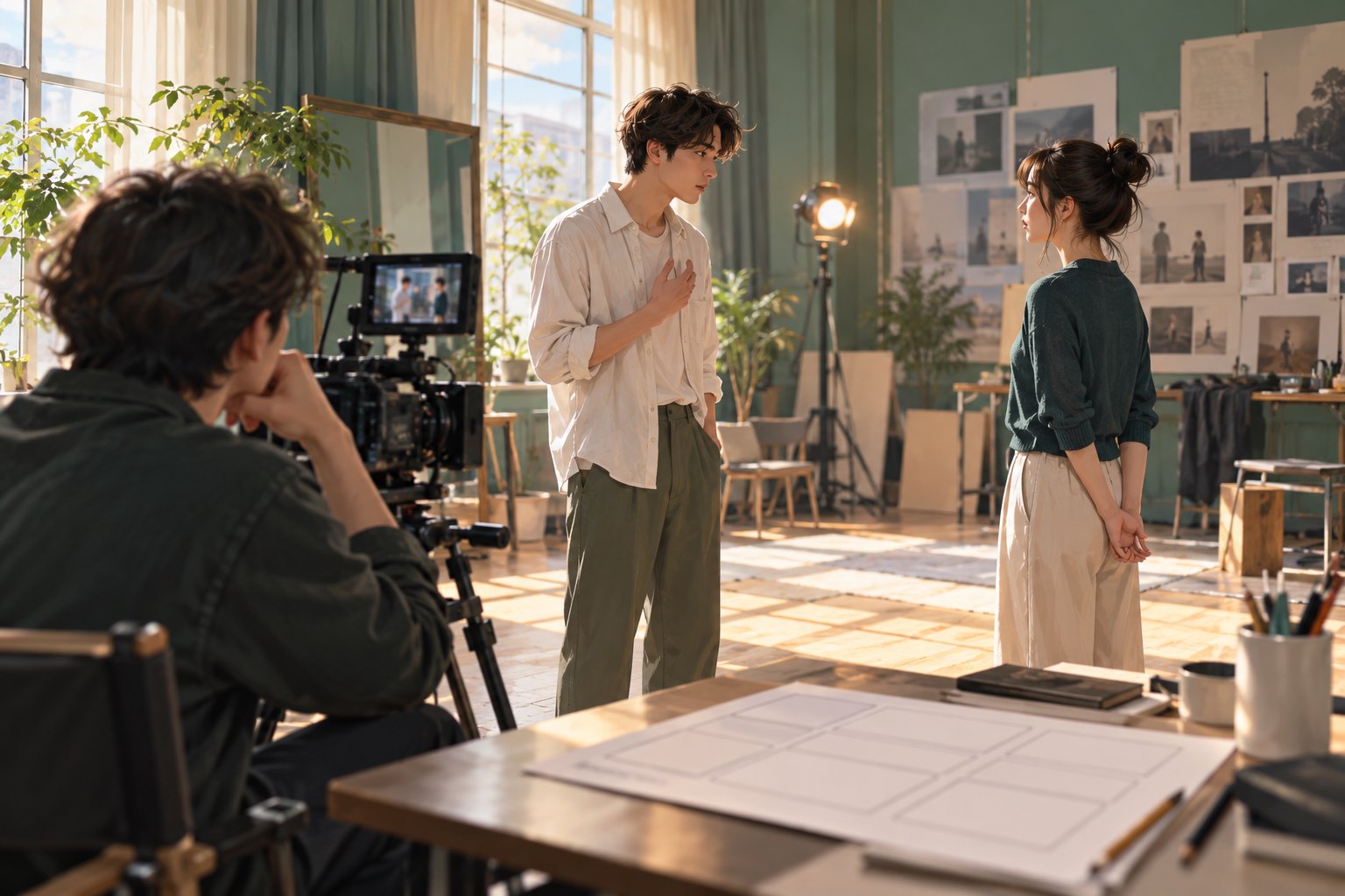 表演训练主题插画：两名年轻演员在工作室排练，导演在摄影机旁观察