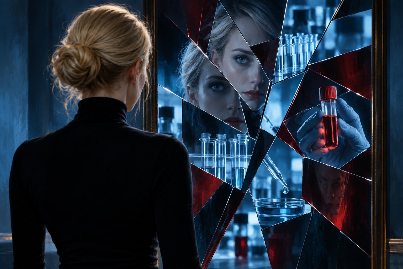 Conceptual illustration of a blonde woman in a black turtleneck facing a fractured mirror filled with laboratory imagery.