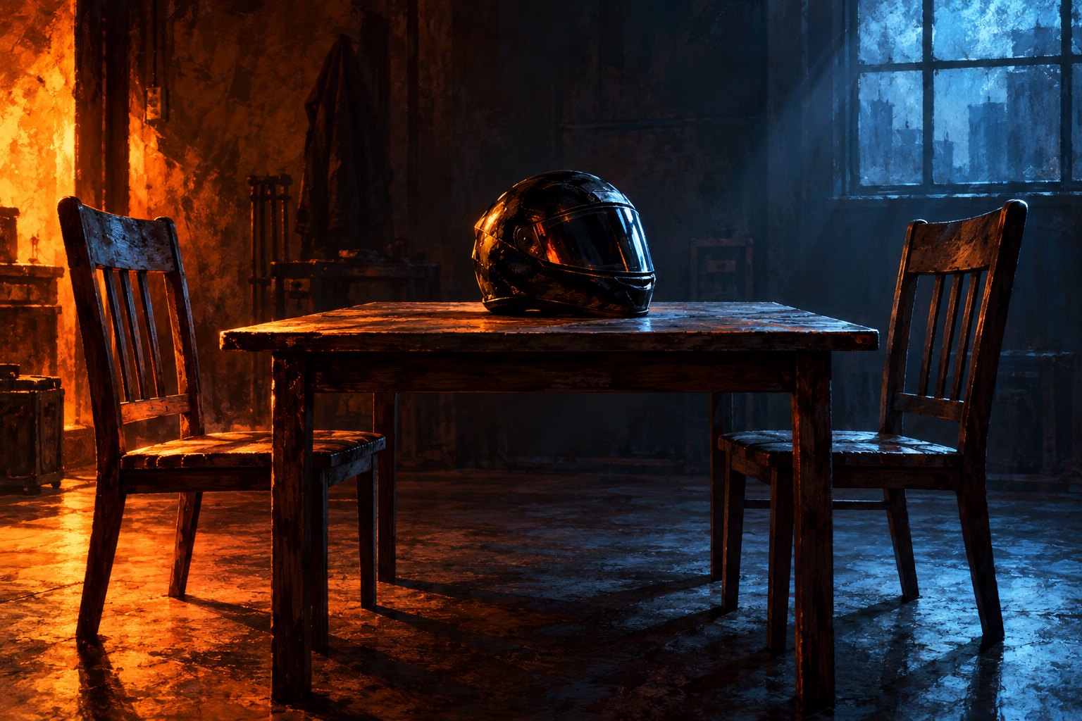 Concept illustration of two empty wooden chairs facing a table with a motorcycle helmet between warm orange and cool blue light.