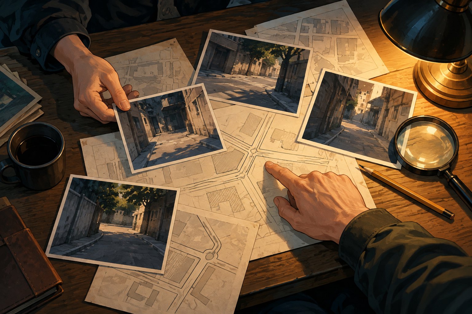 两人围坐木桌比对街巷照片与路线草图的原创主题插画,非影片剧照