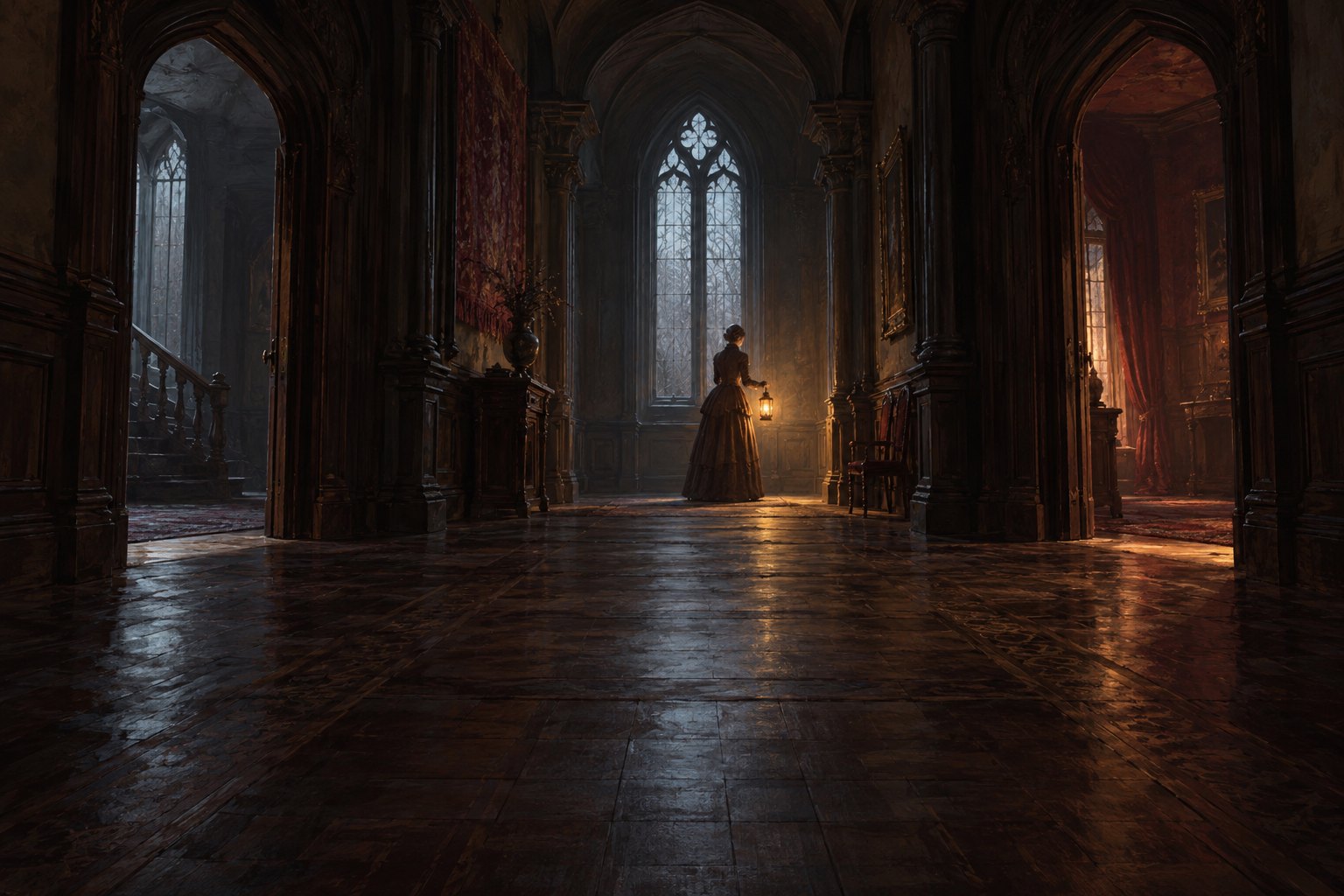 Conceptual illustration of a Victorian woman holding a lamp across a shadowy Gothic chamber with branching doorways.