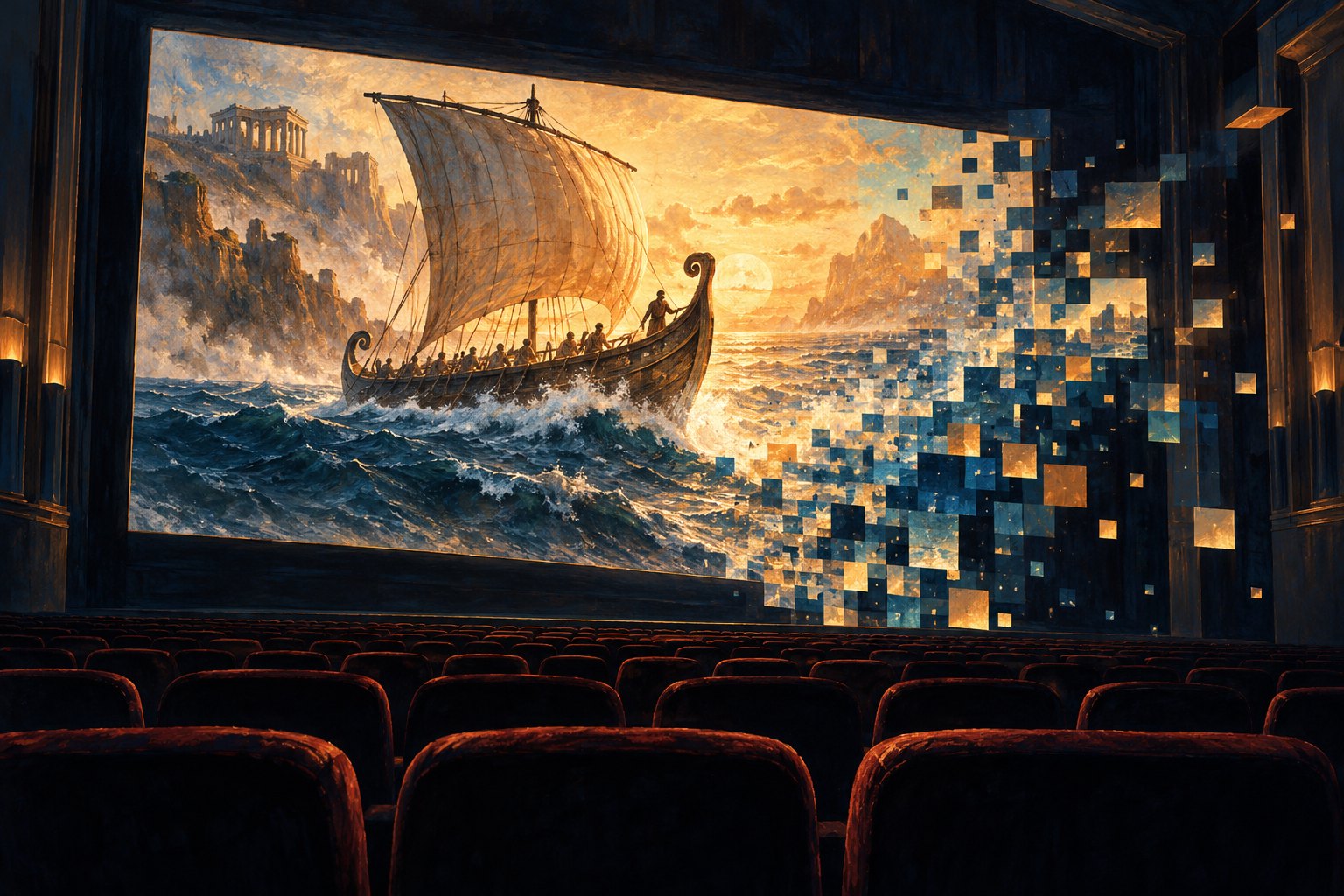 Conceptual illustration of an ancient sailing ship dissolving into pixels on a screen in an empty movie theater.