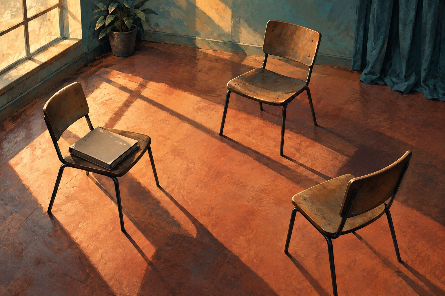 Conceptual illustration of three empty rehearsal chairs casting overlapping shadows, with an unmarked script binder resting on one seat.