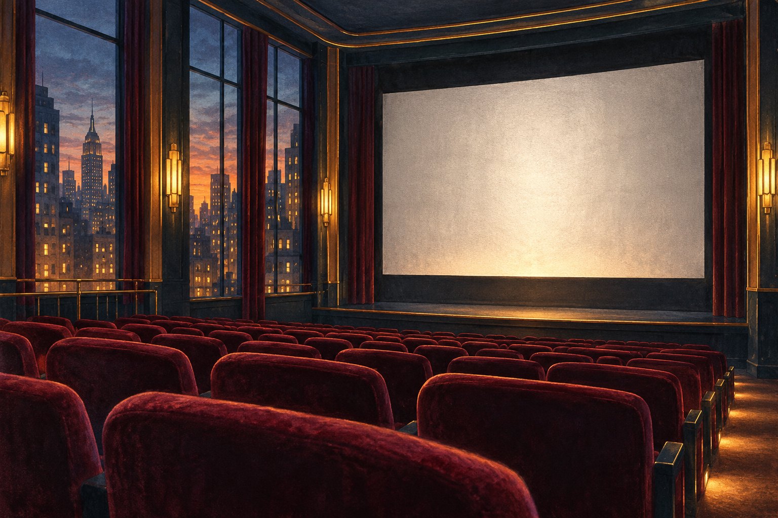 Painterly illustration of an empty cinema with burgundy seats, a blank illuminated screen, and New York buildings outside at dusk.