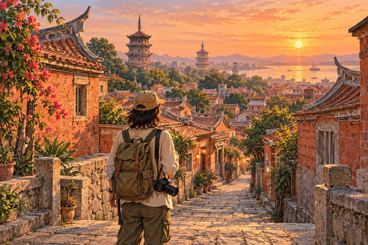 泉州影视旅行主题插画:背着相机的旅行者站在夕照中的红砖街巷,远处铺展着传统屋顶与塔影