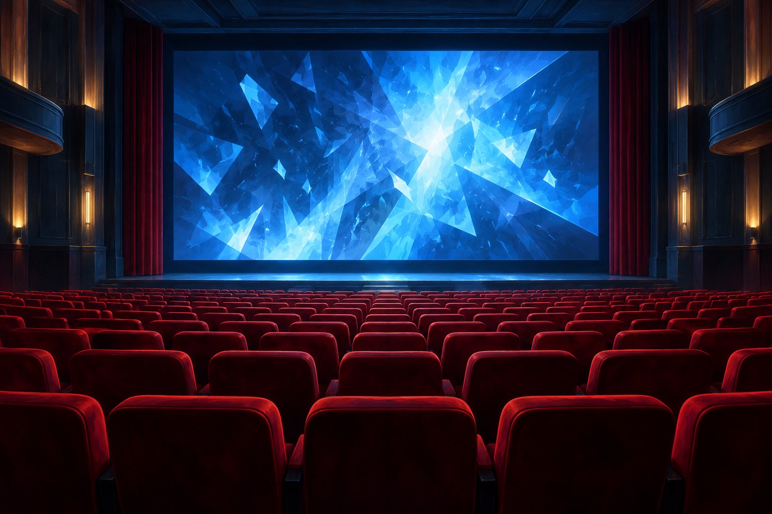 Conceptual illustration of an empty red-seated movie theater facing a screen filled with fragmented blue light.