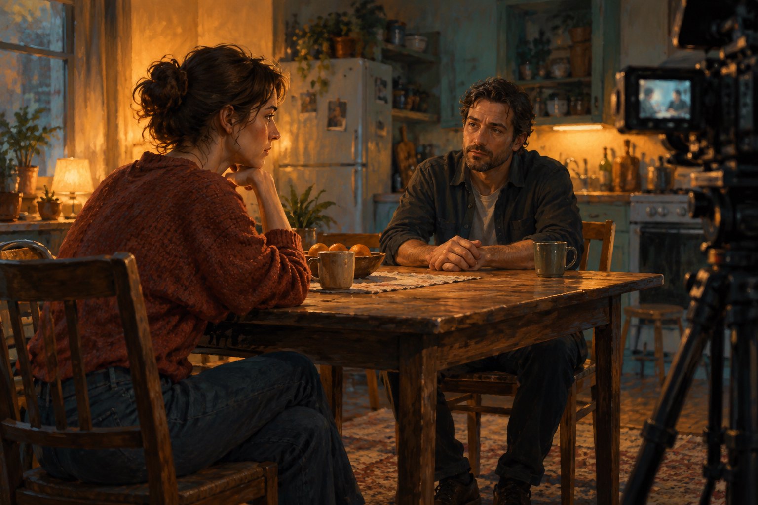 Painterly illustration of two fictional actors facing each other across a kitchen table, with a film camera beside them.