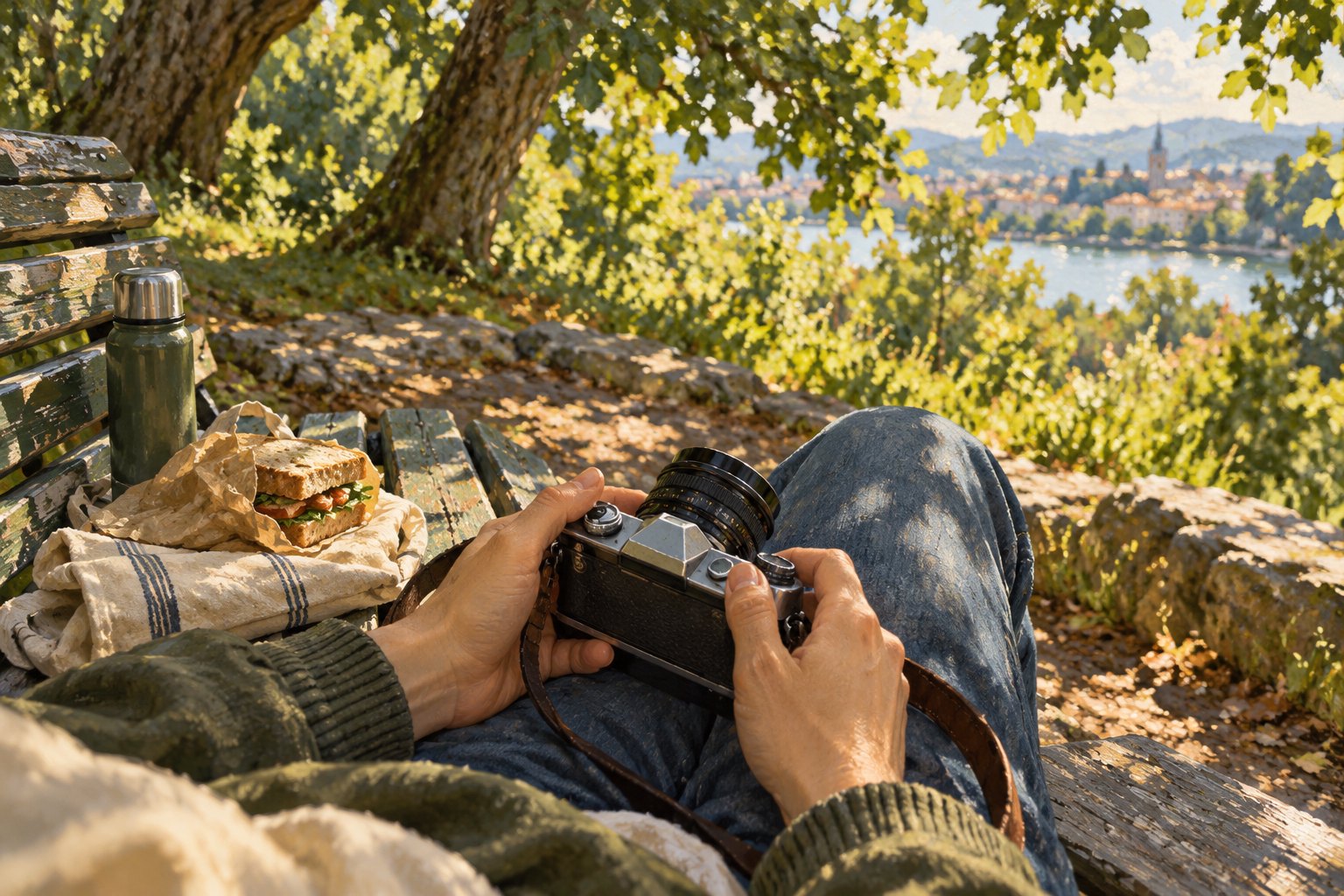 Illustration of a person resting a camera in their lap beside a sandwich on a sunlit park bench.