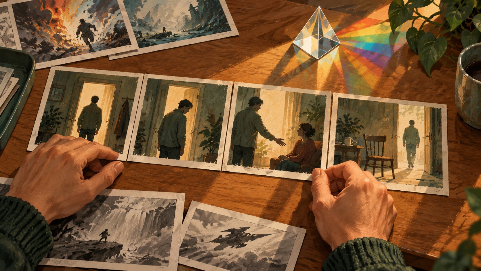 雙手排列描繪人物抉擇的分鏡卡,桌上稜鏡映出彩光,象徵敘事與視覺效果的取捨