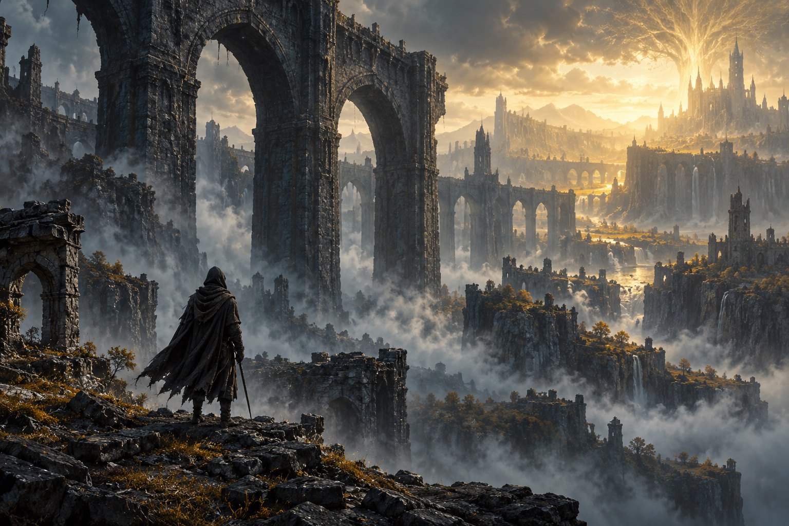 Conceptual illustration of a cloaked traveler overlooking monumental stone ruins beneath a glowing golden sky.