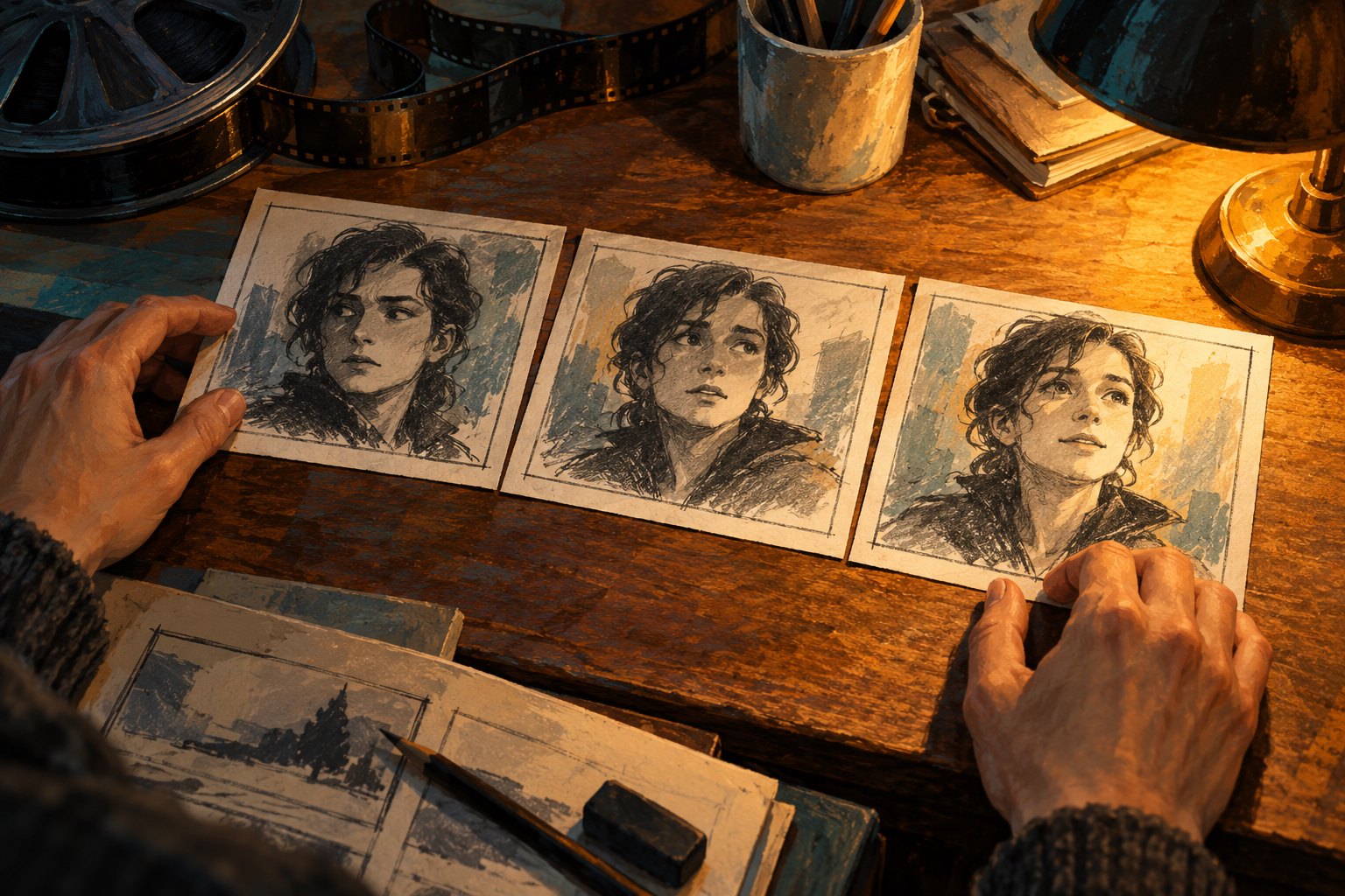 Conceptual illustration of hands arranging three charcoal character portraits on a warmly lit storyboard desk.