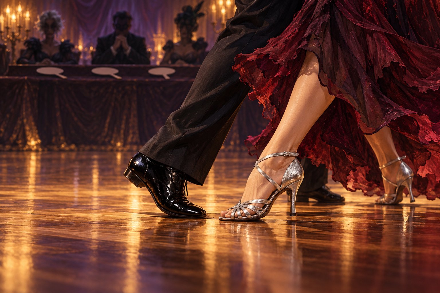 Conceptual illustration of ballroom dancers’ footwork beneath a burgundy costume, with blank judging paddles on a table in the background.