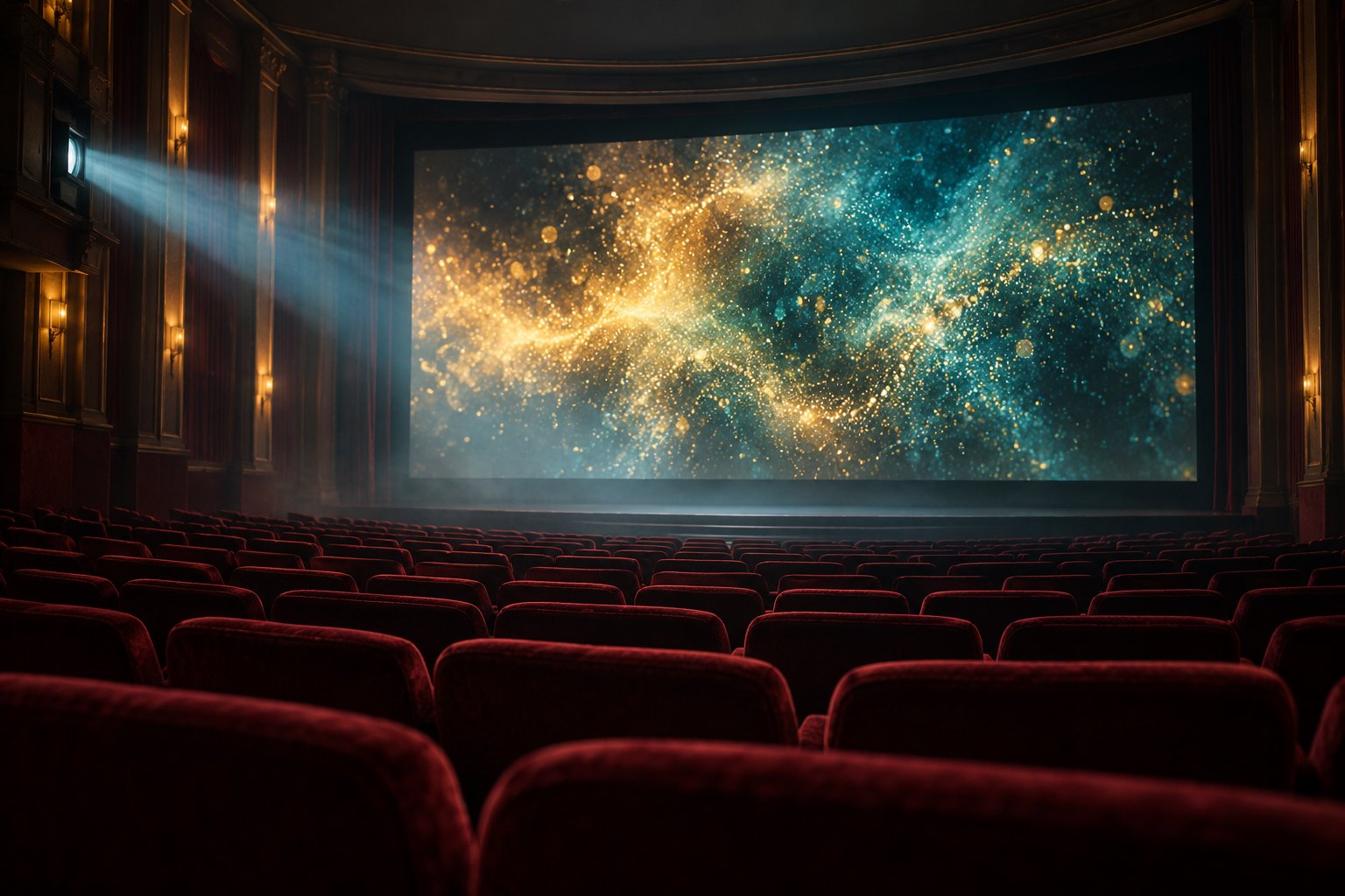 Conceptual illustration of an empty movie theater facing a screen filled with gold and teal particles.