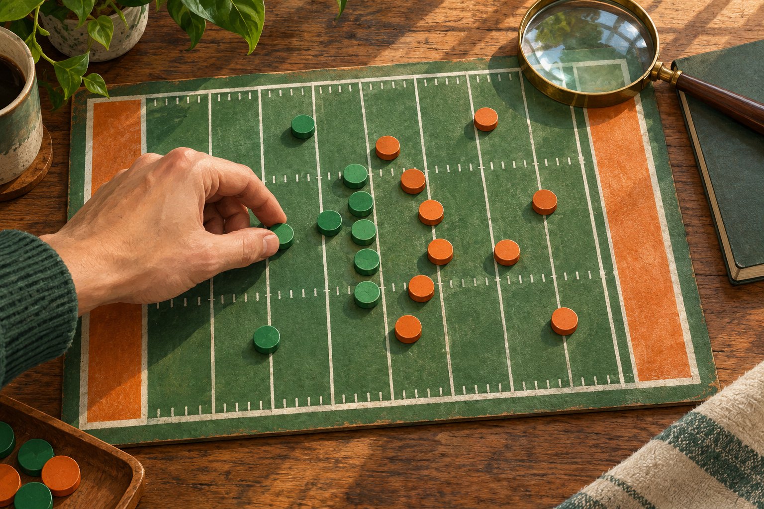 Conceptual illustration of a hand moving a green piece on a miniature football field beside orange pieces and a magnifying glass.