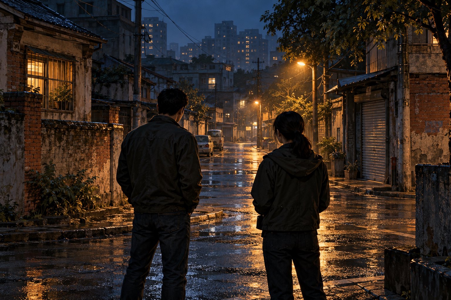 雨后旧街上两名便衣人物背向观众观察路口的原创主题插画,非影片剧照