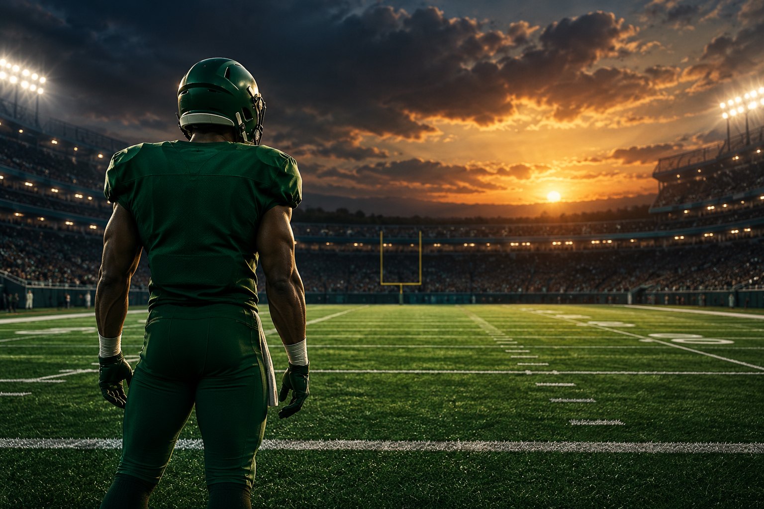 Conceptual illustration of an anonymous football player in a green uniform overlooking a stadium field at sunset.