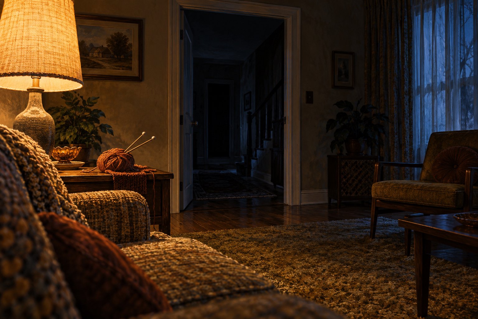 Illustration of a dim suburban living room with knitting beside a warm lamp and an open doorway leading into darkness.