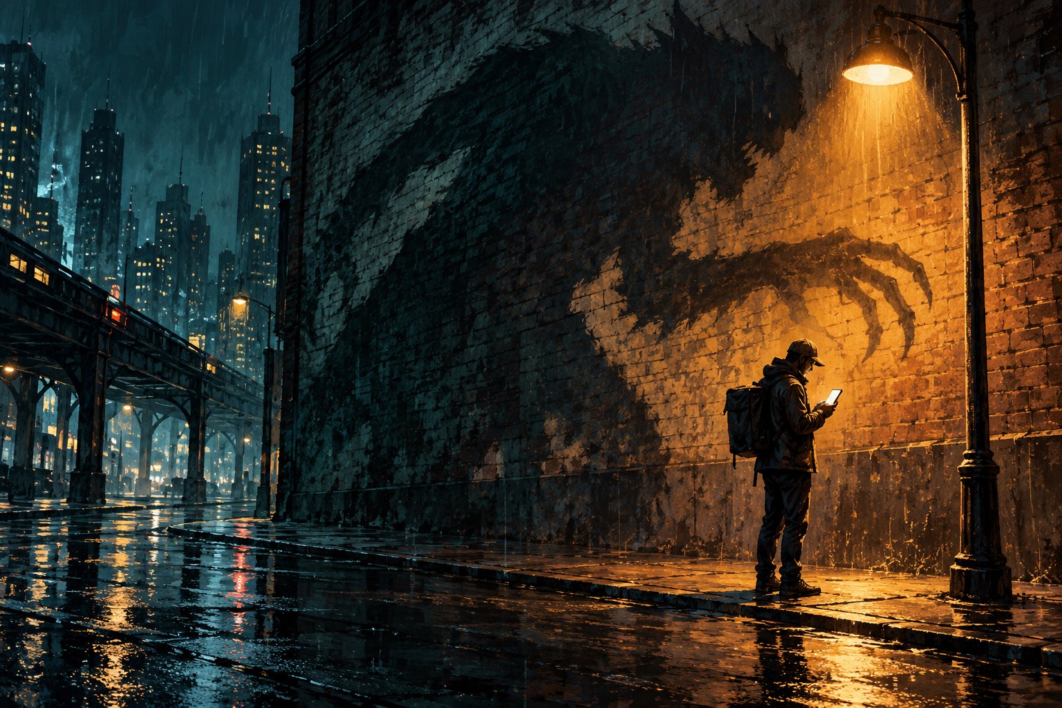 Conceptual illustration of a worker checking a phone beneath a streetlight as a monstrous shadow looms across a wet city wall.