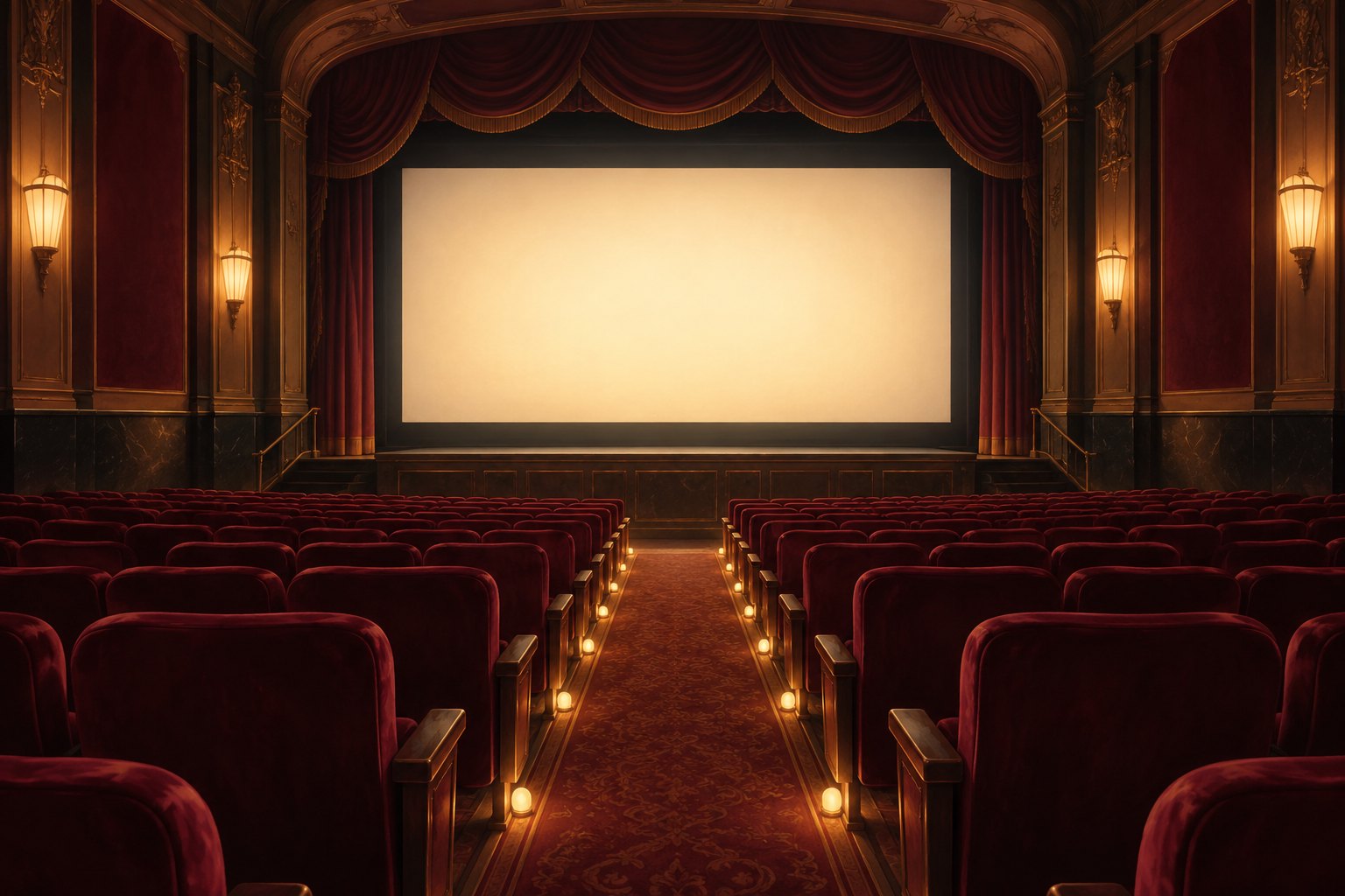 Editorial illustration of an empty movie theater with burgundy seats, warm aisle lights, and a softly glowing blank screen.