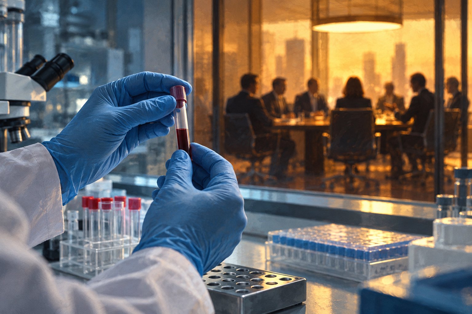 Conceptual illustration of gloved hands holding a blood sample while executives meet beyond a laboratory glass partition.