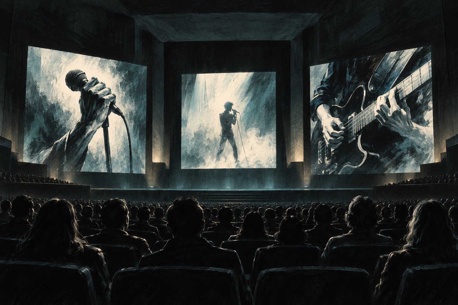 Conceptual illustration of an audience facing three screens showing a microphone, a singer silhouette, and a musician’s hands.