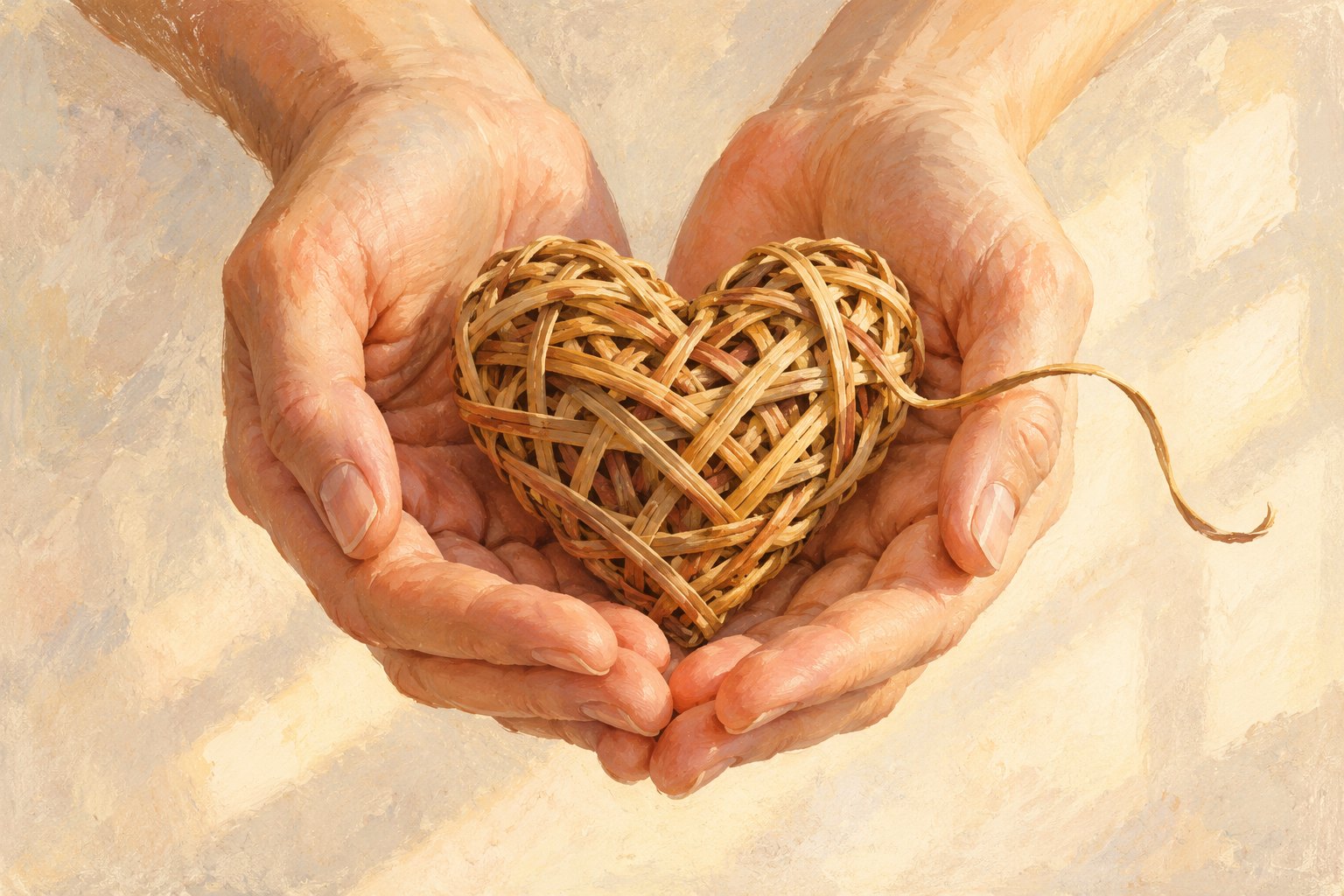 Two cupped hands hold a delicate wicker heart with a loose strand against a warm cream background.