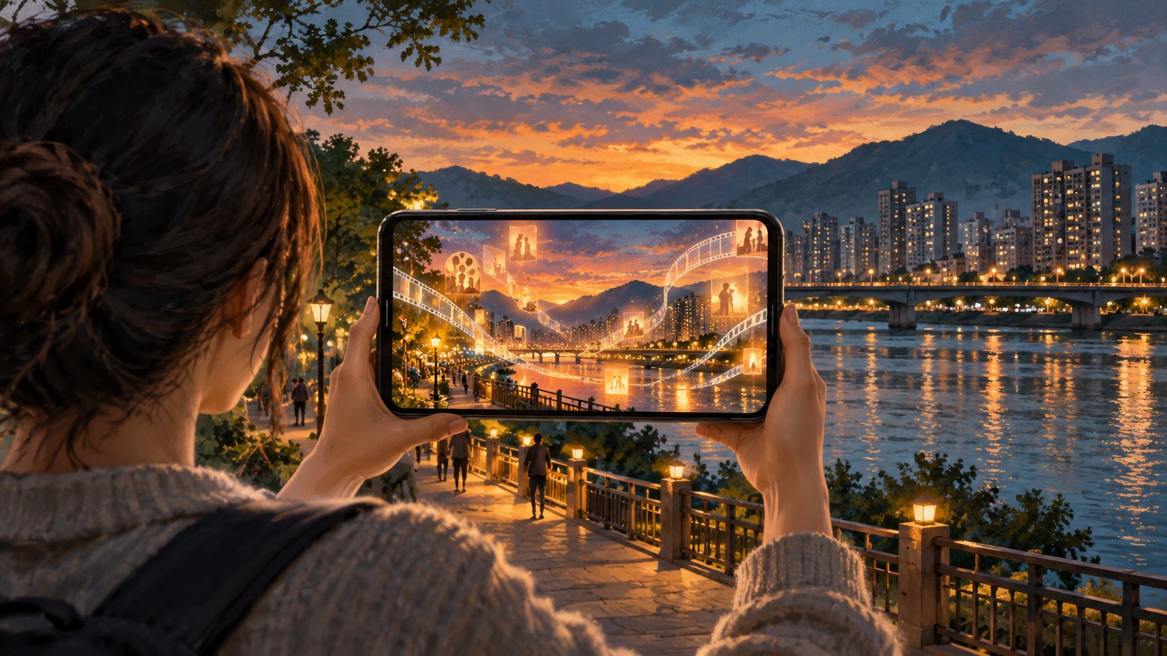 原創概念插畫：旅人在河岸舉起手機，螢幕中的城市疊上光影效果，呈現虛實交會的影視旅行想像。