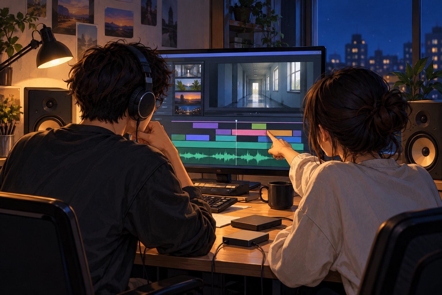 两位青年创作者在后期工作室讨论画面剪辑与声音的概念插画